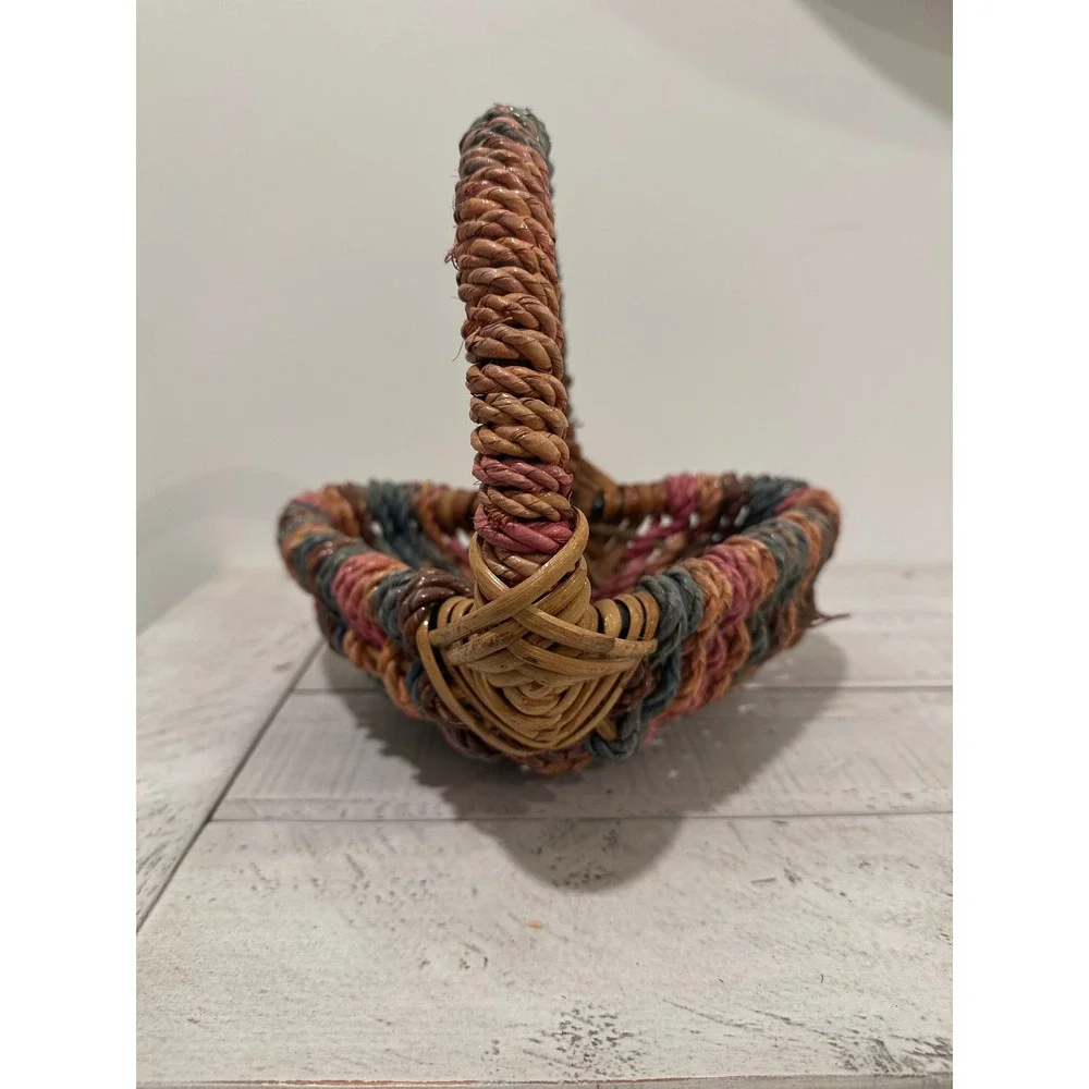 Vintage Heart Shaped Woven Basket Multi Color Twisted Rope Handle Cottagecore